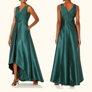 Adrianna Papell Women's Pleated Hi Low Mikado Gown, Dark Forest Green.  size 8